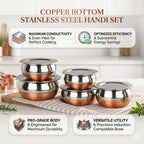 GlamourShop Stainless Steel Copper Base Serving Bowls Handi Set of 5 Pieces, Handi Set with Serving Bowl Set/Cookware Set/Sauce Pot and Handis (5, Chopper)