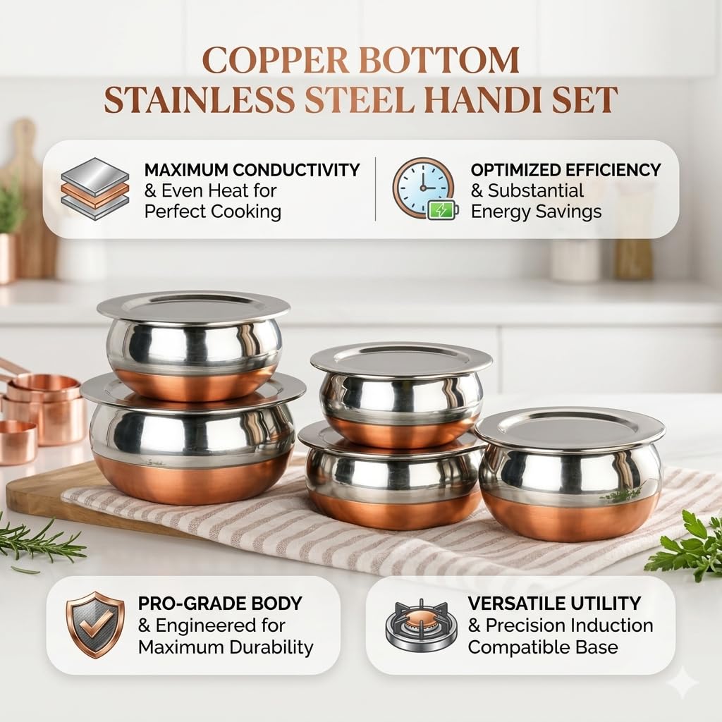 GlamourShop Stainless Steel Copper Base Serving Bowls Handi Set of 5 Pieces, Handi Set with Serving Bowl Set/Cookware Set/Sauce Pot and Handis (5, Chopper)
