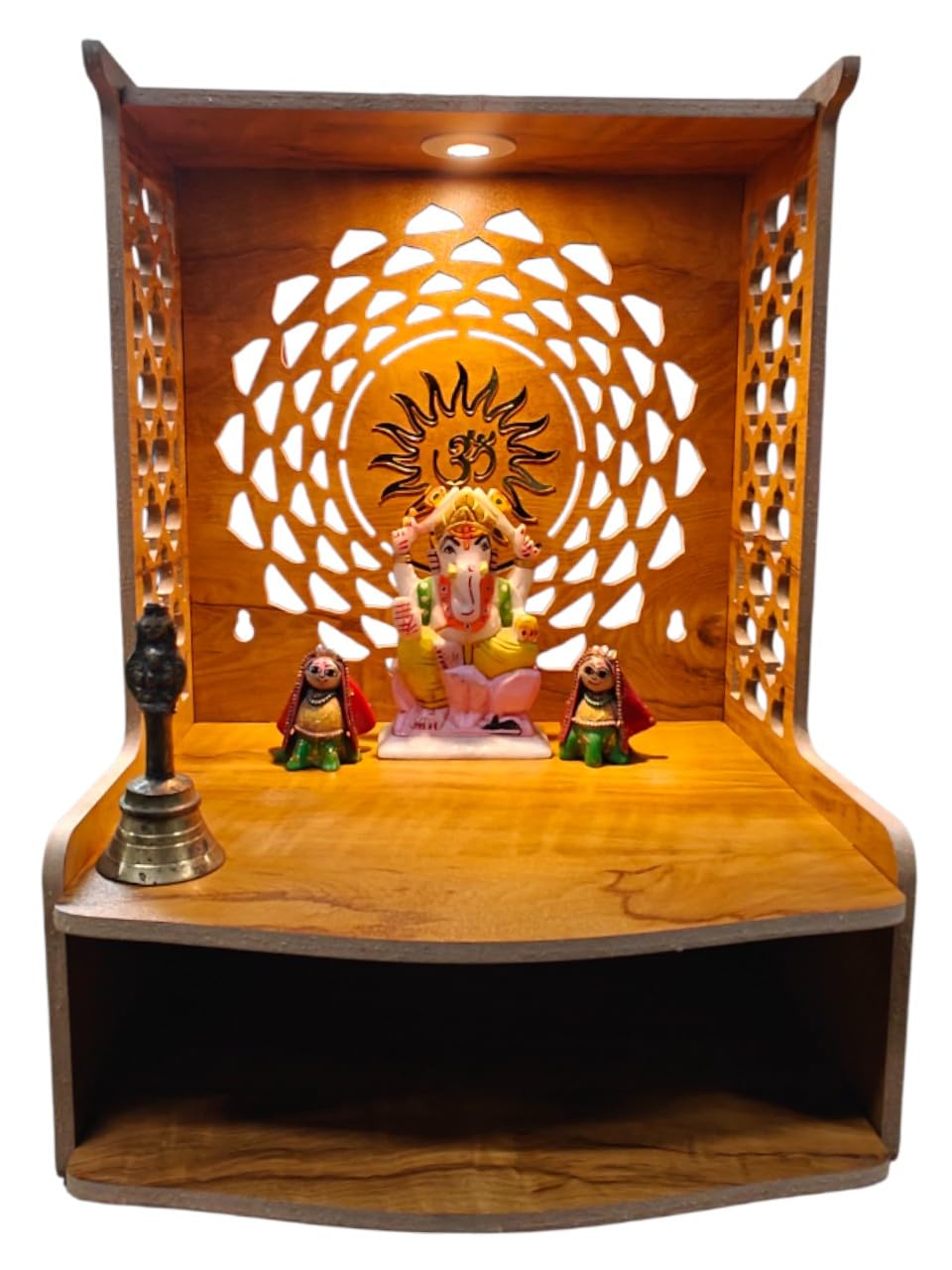PIXELCRAFTS Wooden Temple Puja Mandir Art and Crafts Temple for Home, Shop, Office with LED SPOT Light (Size – H 15.5X L 11.5 x W 11 inch) (COACHWOODSURYA)