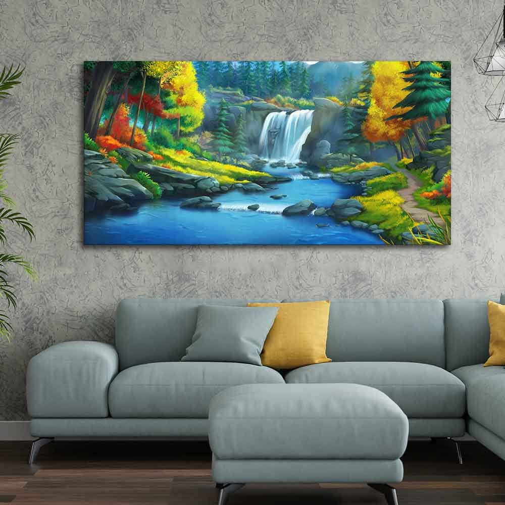 VIBECRAFTS Canvas Paintings for Living Room Drawing Room A Beautiful Scenery of Waterfall In Forest Canvas Wall Painting for Home|Office|Gift(PTVCH_2379N)