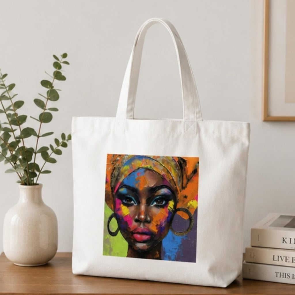 Adorvue Abstract Portrait African Art Printed Tote Bag Stylish Eco-Friendly Cotton Handbags, Canvas Bags for College, Shopping, Office, Travel, Grocery Runs, Beach Day and Casual Outings Pack of 2
