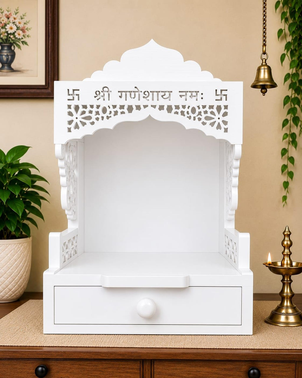 Wooden Pooja Mandir with Drawer, Shri Ganeshay Namah Carved Size 18x12