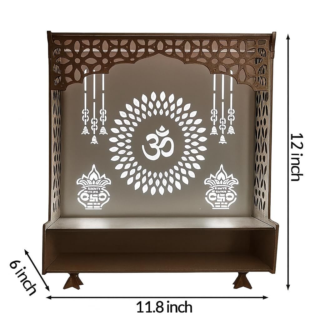 Wooden LED Light Pooja Mandir with Om Symbol and Kalash Design | Wall Mounted or Table Top Temple for Home | Decorative MDF Temple with Laser Cut Design & Drawer