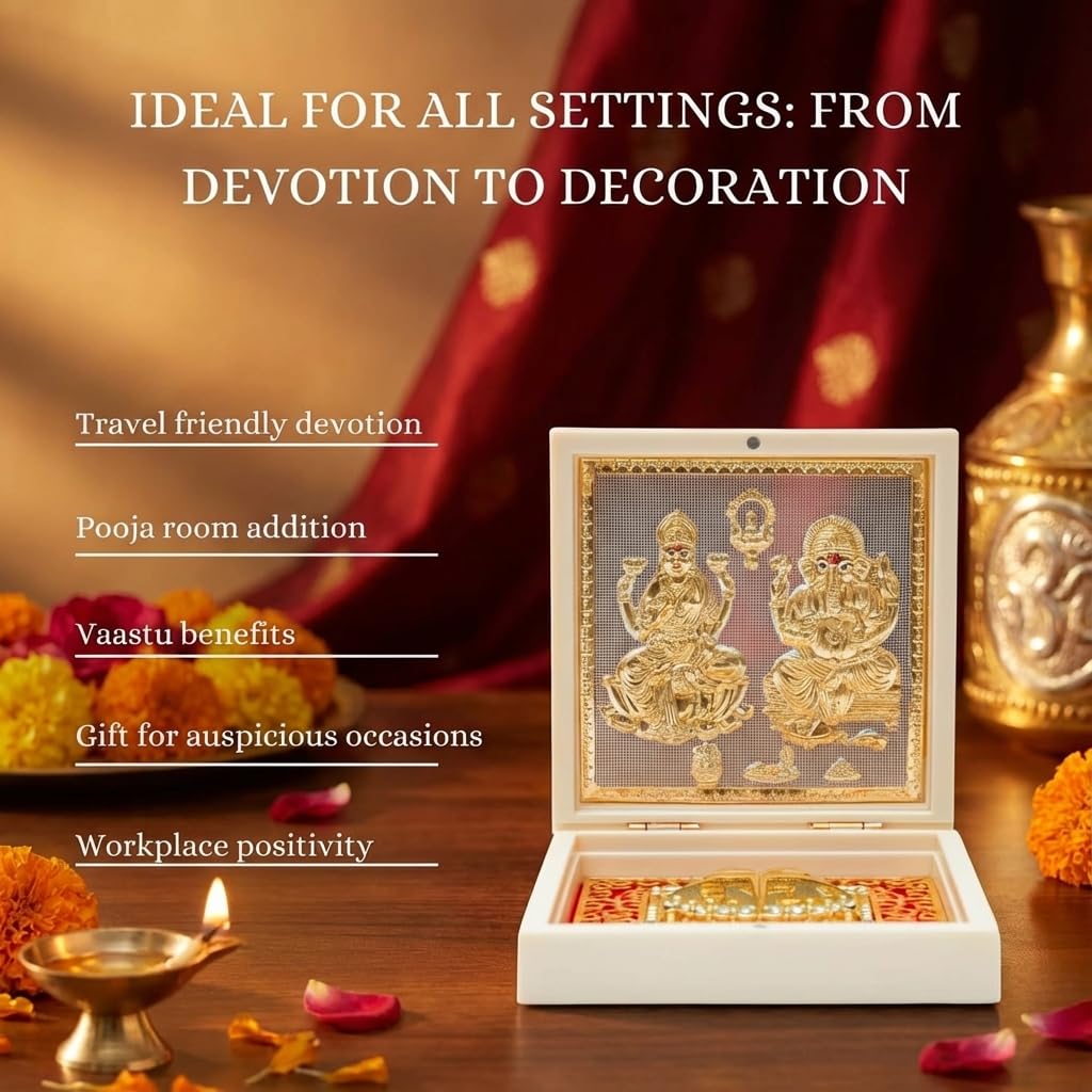 House Of Wemy Gold Plated Laxmi Ganesh Pocket Temple Box for Pooja Room | Lakshmi-Ganesha Divine Pooja Boxes With Photo Frame & Charan Paduka | Diwali Gift & Home Decor - White - 4.5 Inches -Pack of 1