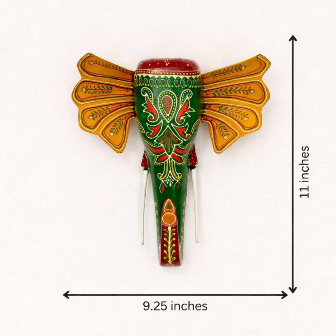 ATRANGI STUDIO Handpainted Wooden Elephant Wall Decor | Ethnic Wooden Wall Art | Symbol of Strength & Wisdom | Wall Hanging for Home, Corridor & Balcony | Ready to Hang | 11 Inch, Green