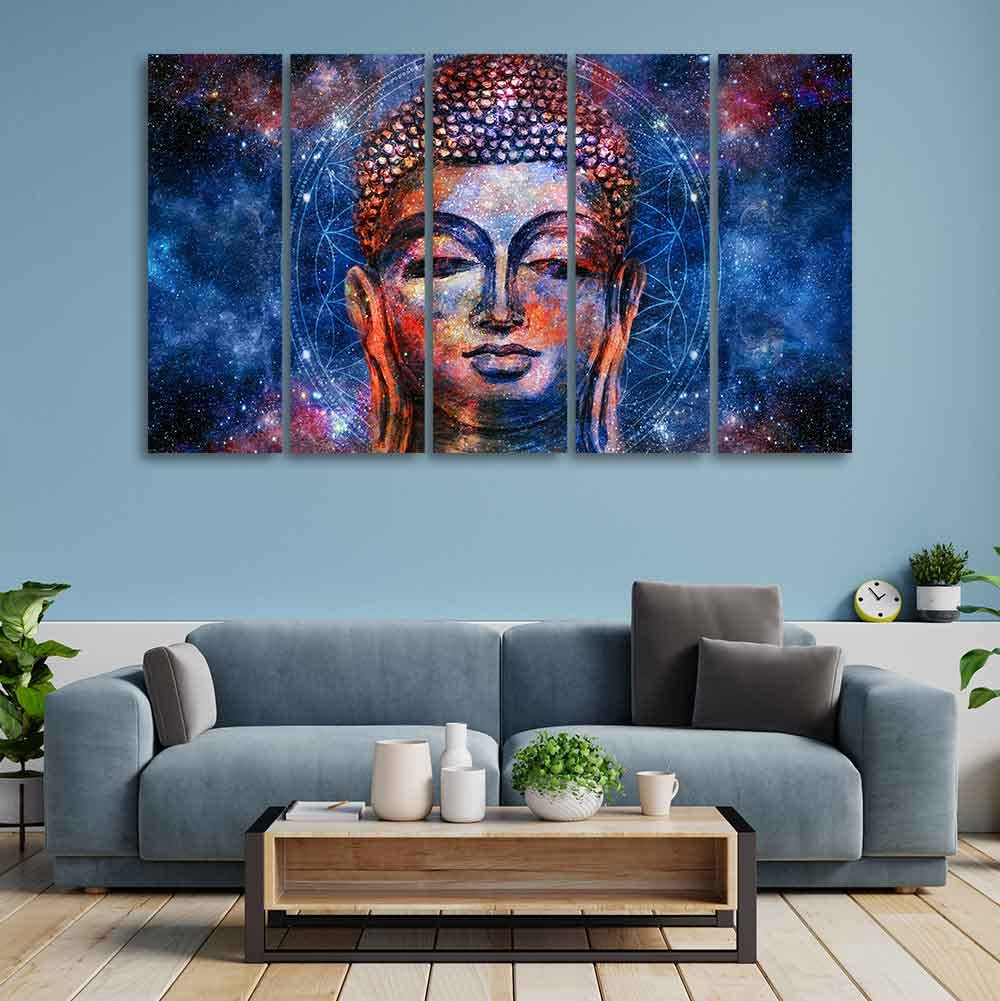 VIBECRAFTS Divine Buddha Head Wall Painting Five Pieces For Home|Office|Living Room|Gift (PTVC5Pcs4_8640)