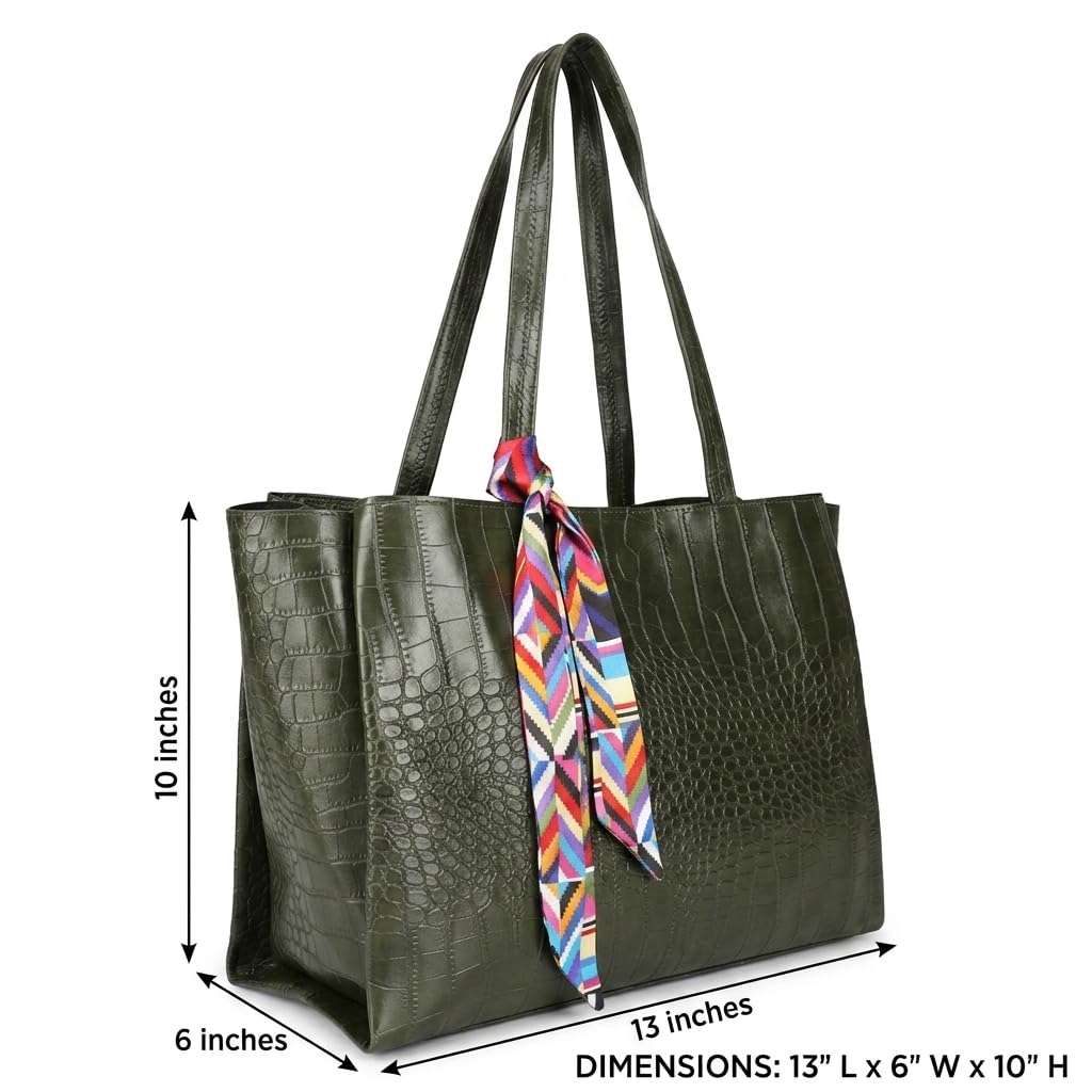 DANIEL CLARK Large Crocodile Texture Tote Bag |PU Leather Shoulder Handbag for Office, Shopping & Travel Handbag with ribbon scarf for Women & Girls (Green)