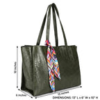DANIEL CLARK Large Crocodile Texture Tote Bag |PU Leather Shoulder Handbag for Office, Shopping & Travel Handbag with ribbon scarf for Women & Girls (Green)