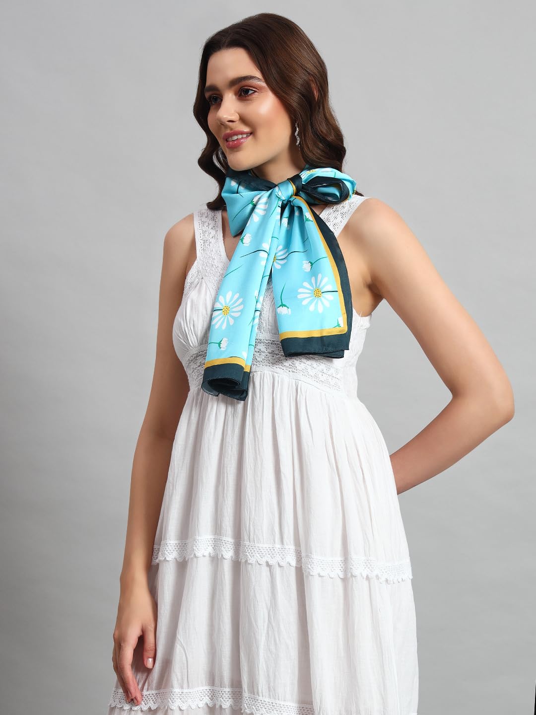 Ravaiyaa - Attitude is everything Women Lightweight Printed 100% Satin Silk Scarf Stoles Breathable Neckerchief Head Beach Wrap Scarves (Turquoise Blue Floral, 70 x 20 Inch)