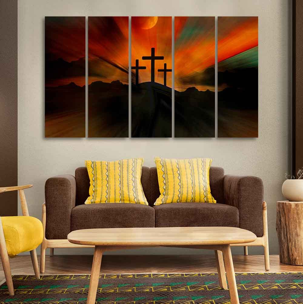 VIBECRAFTS Three Cross Silhouette Canvas Wall Painting of Five Pieces For Home|Office|Living Room|Gift (PTVC5Pcs4_8742)