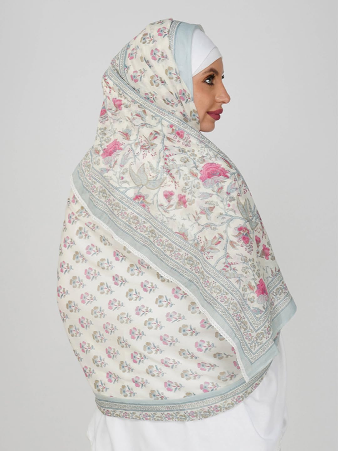 ANAApparels ANA Haniya Sky Blue Periwinkle Floral Dupatta | 86 x 43 Inches – Premium Mulmul Cotton | Lace Border | Lightweight, Soft & Breathable