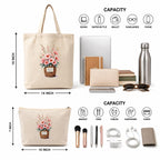 Esycarry Vase Print Canvas Tote Bag with Matching Zipper Pouch Set for Women, Artistic Cotton Shopping Tote with Organizer Pouch, Reusable Handbag for Work, Travel & Everyday Use
