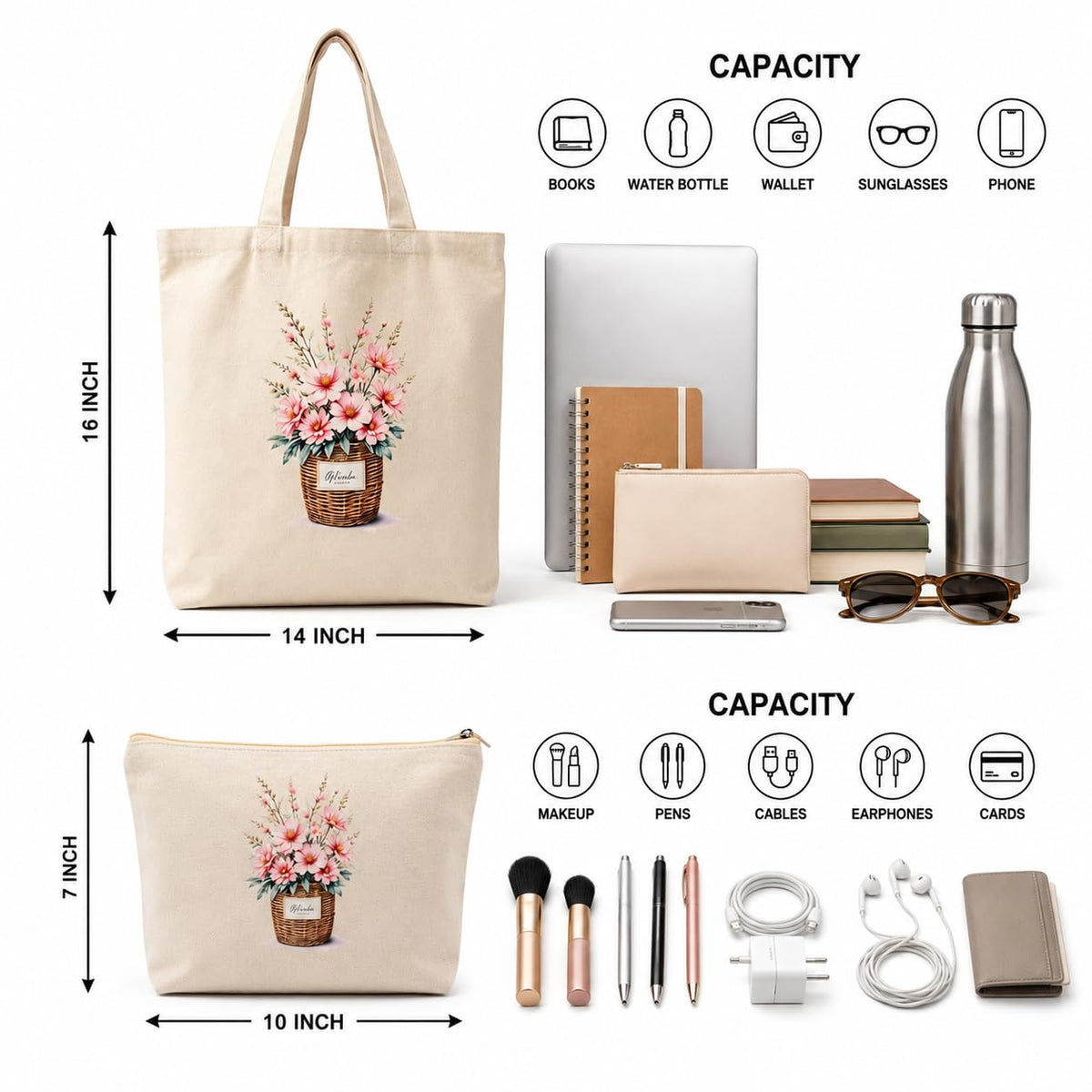 Esycarry Vase Print Canvas Tote Bag with Matching Zipper Pouch Set for Women, Artistic Cotton Shopping Tote with Organizer Pouch, Reusable Handbag for Work, Travel & Everyday Use