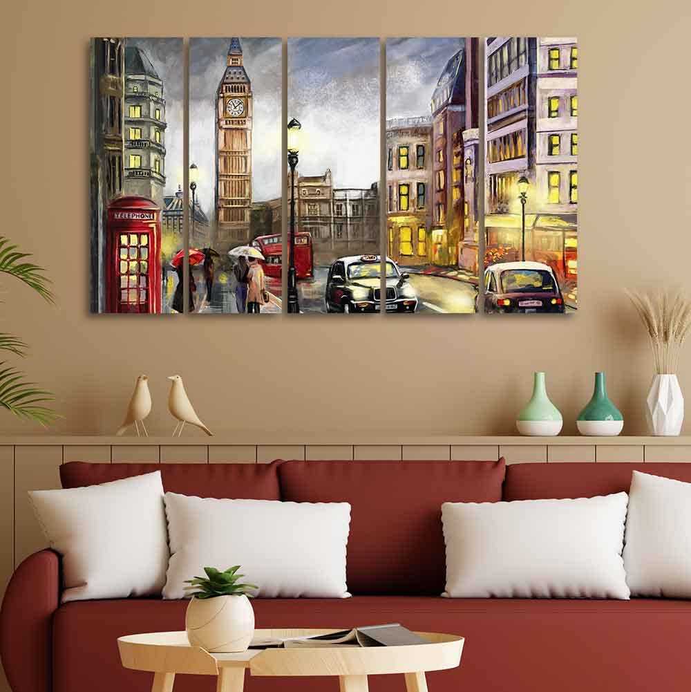 VIBECRAFTS Street View Of London 5 Pieces Canvas Wall Painting For Home | Office | Living Room | Gift (PTVC5Pcs4_8543)