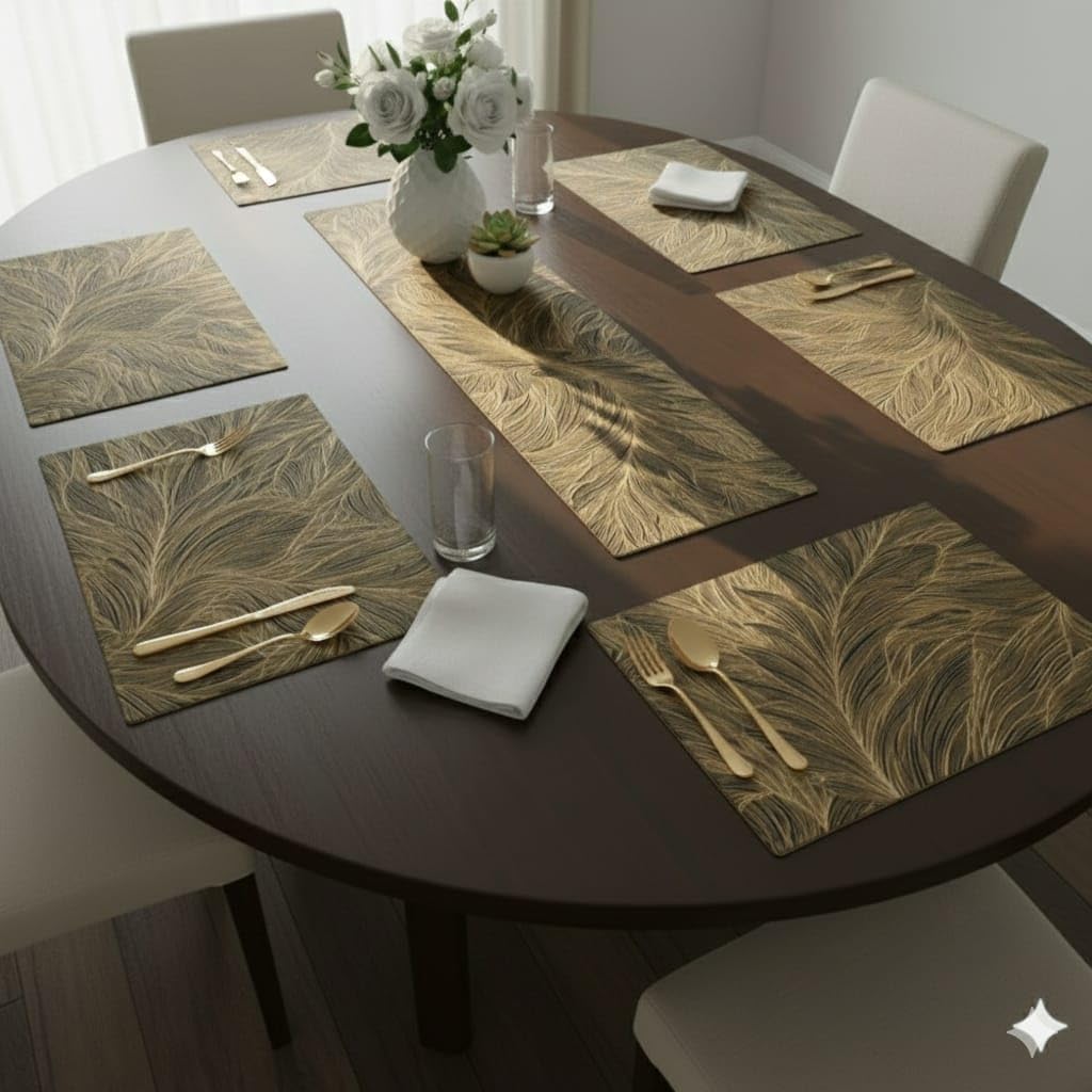 Combo Table Mat and Table Runner Set for Dining Table |Complete Table Cover Set for Plates & Cutlery |Suitable for Home and Everyday Use (Combo Charcoal Rectangle, 6 pcs + 1 Runner) Kafalo