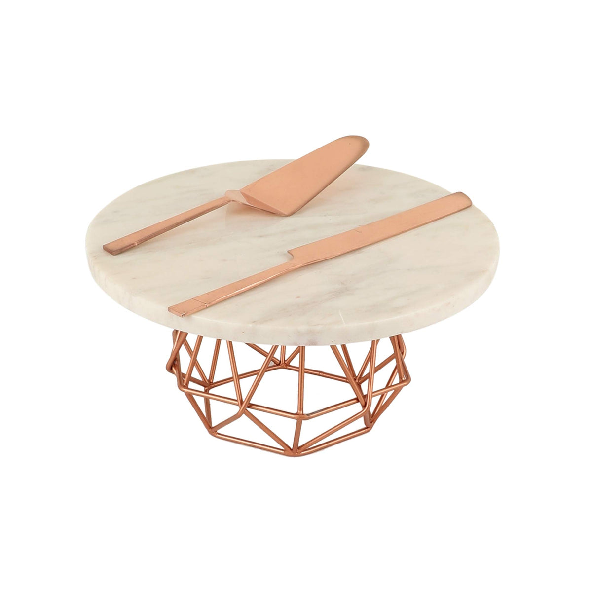NikkisPride Marble Cake Stand With Copper Finish Metal Base & Plain White Marble Top with Cake Cutlery Pieces Set of 3