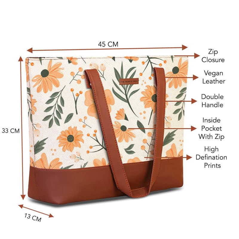 The Purple Tree Women Handcrafted Tote with Vegan Leather Handles & Indian Prints, Spring Flowers Shoulder Casual Bag for Office and College, Oversized Tote