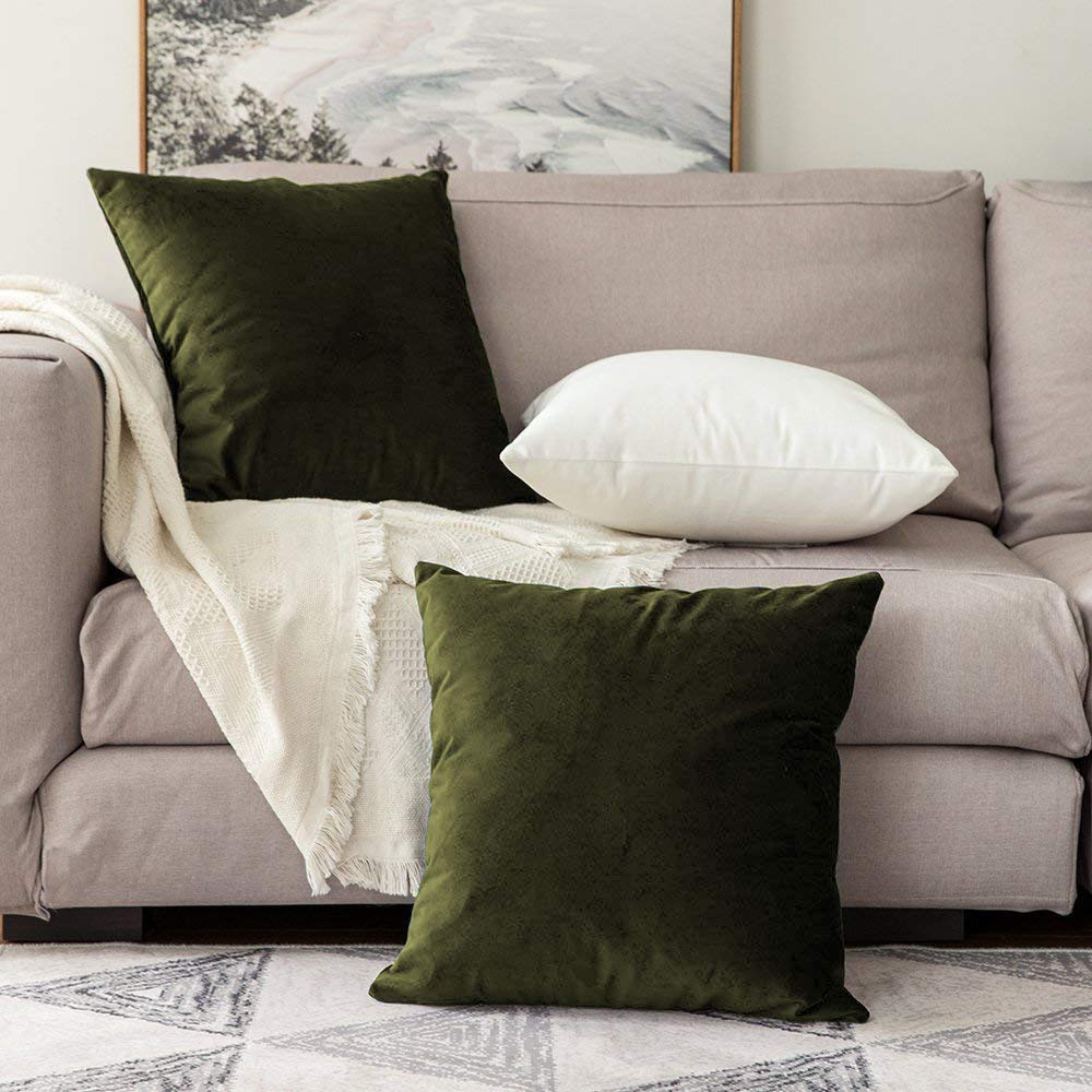 Khooti Velvet Cushion Cover, 14x14 | Mehandi | Pack of 5 | Solid Plain Soft & Smooth, Decorative Cushion Covers for Living Room, Bedroom, Couches, Chairs, Sofas, Beds & Home Decor