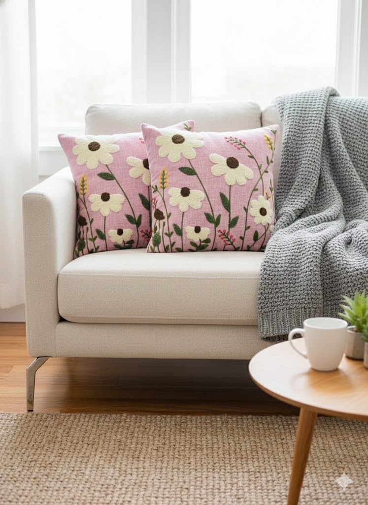 CASA-NEST Linen Embroidery Cushion Cover, Size -16x16 inch, Pack of 2 pc, Decorative Sofa Cushion (Pink, 2)