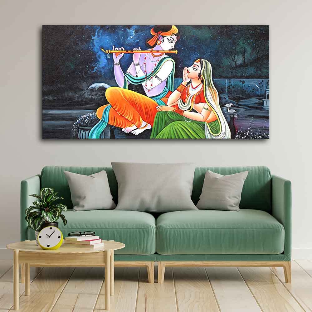 VIBECRAFTS Canvas Paintings for Living Room Drawing Beautiful Radha Krishna in Dark Forest Big Wall Painting Art Fitted with Wooden Frame Home | Office | Gift (PTVCH_2251)