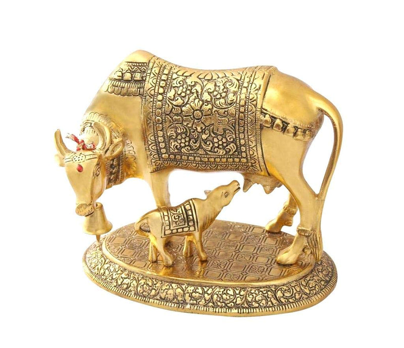 Prince Gold Oxidize Metal Good Luck Holy Cow with Calf Statue/Metal Cow with Calf for Home Decor/Spiritual Showpiece Figurine Sculpture Vastu Decorative Handmade Home Office Showpiece Gifts