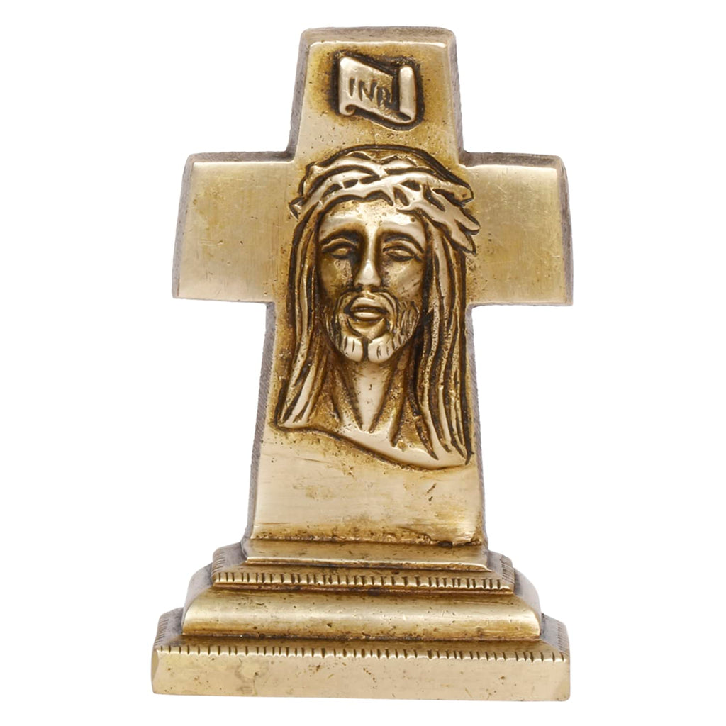 ARTVARKO Solid Brass Cross Statue with Jesus Face Idol Home Decor Religious Figurine Gold Color (7.1 x 3 x 11 cm)