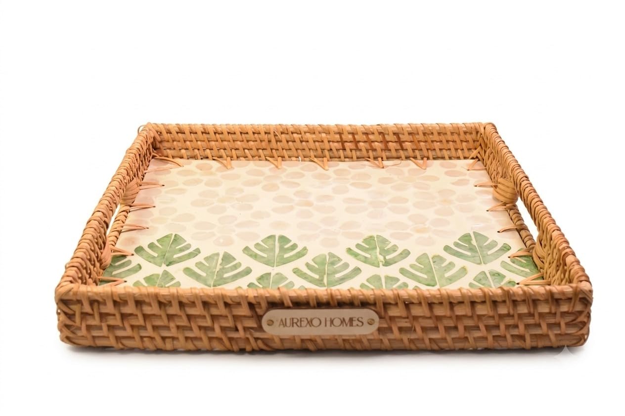 Aurexo Homes Rattan Mother of Pearl Square Decorative Tray | 28x28 cm | Handcrafted Natural Rattan with MOP Inlay | Serving & Home Decor