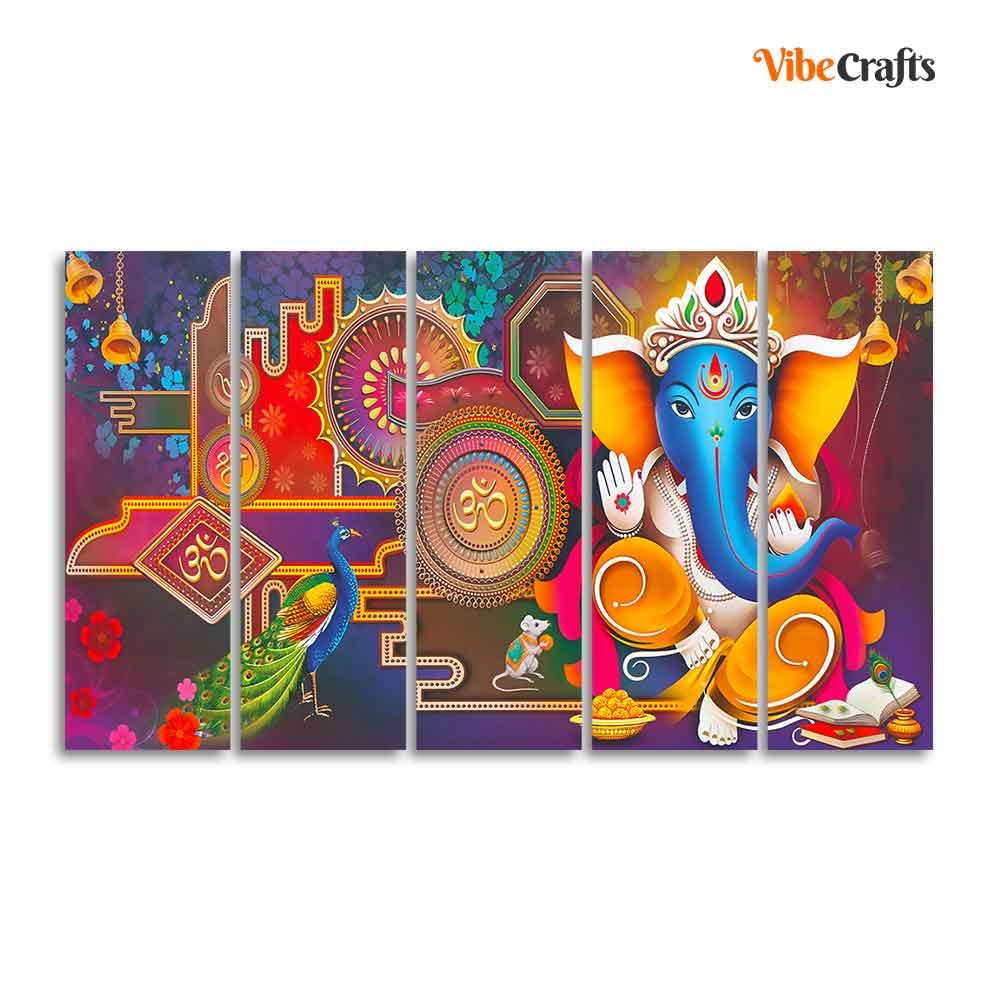 VIBECRAFTS Ganesha Canvas Wall Painting of Five Pieces For Home|Office|Living Room|Gift (PTVC5Pcs4_8674)