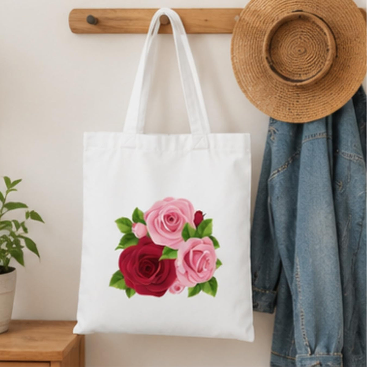 Adorvue Premium Reusable Colourful Rose Printed Tote Bag Stylish Eco-Friendly Cotton Handbags, Canvas Bags for College, Shopping, Office, Travel, Grocery Runs, Beach Day and Casual Outing Pack of 1