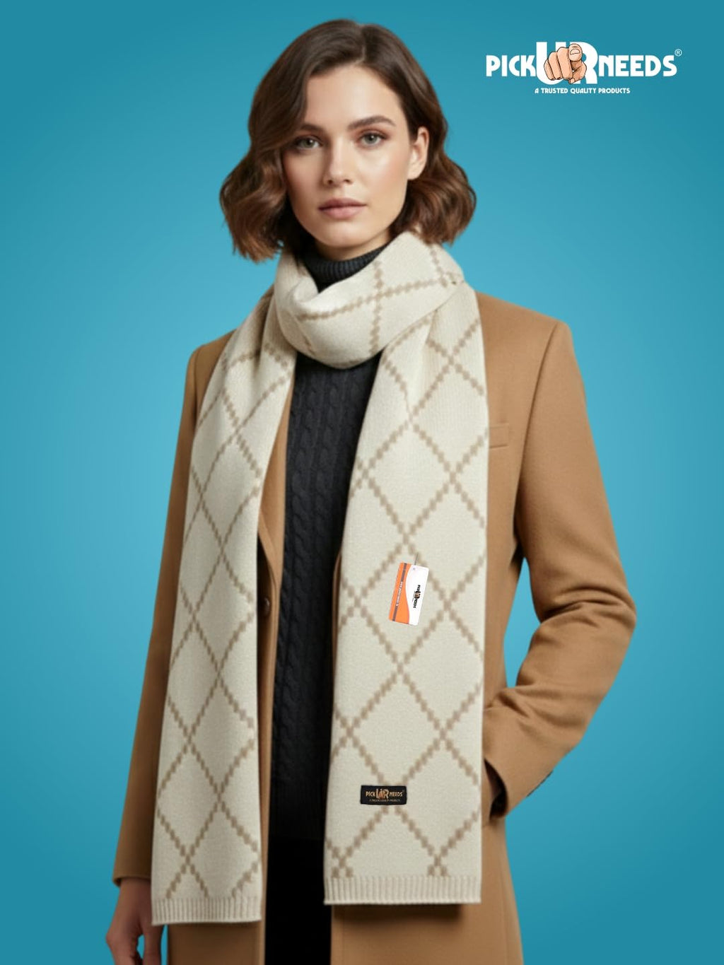 Pick Ur Needs Premium Winter Woolen Scarf for Women Designer Checkered Warm Muffler Soft, Stylish & Cozy Cold Weather Wrap (Cream)