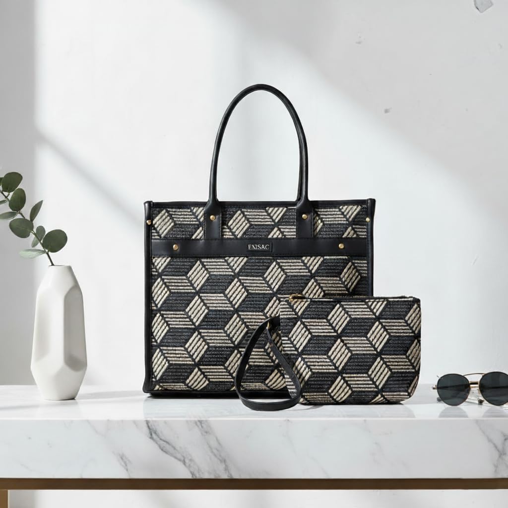 ENSAC Women’s Canvas Tote Bag with Ethnic Design | Durable Laptop Handbag with Zipper Pouch Lightweight Shoulder Handbag with Multi Compartment | Travel, Office, Gym & Daily Use
