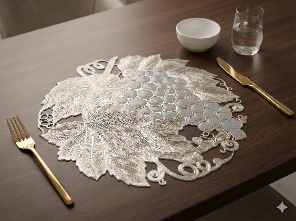 Table Placemats Elegant Light Golden Color with Stunning 3D Embossed Design | Durable, Waterproof & Stylish Dining Decor (Luxe Grapes, Pack of 4) Kafalo