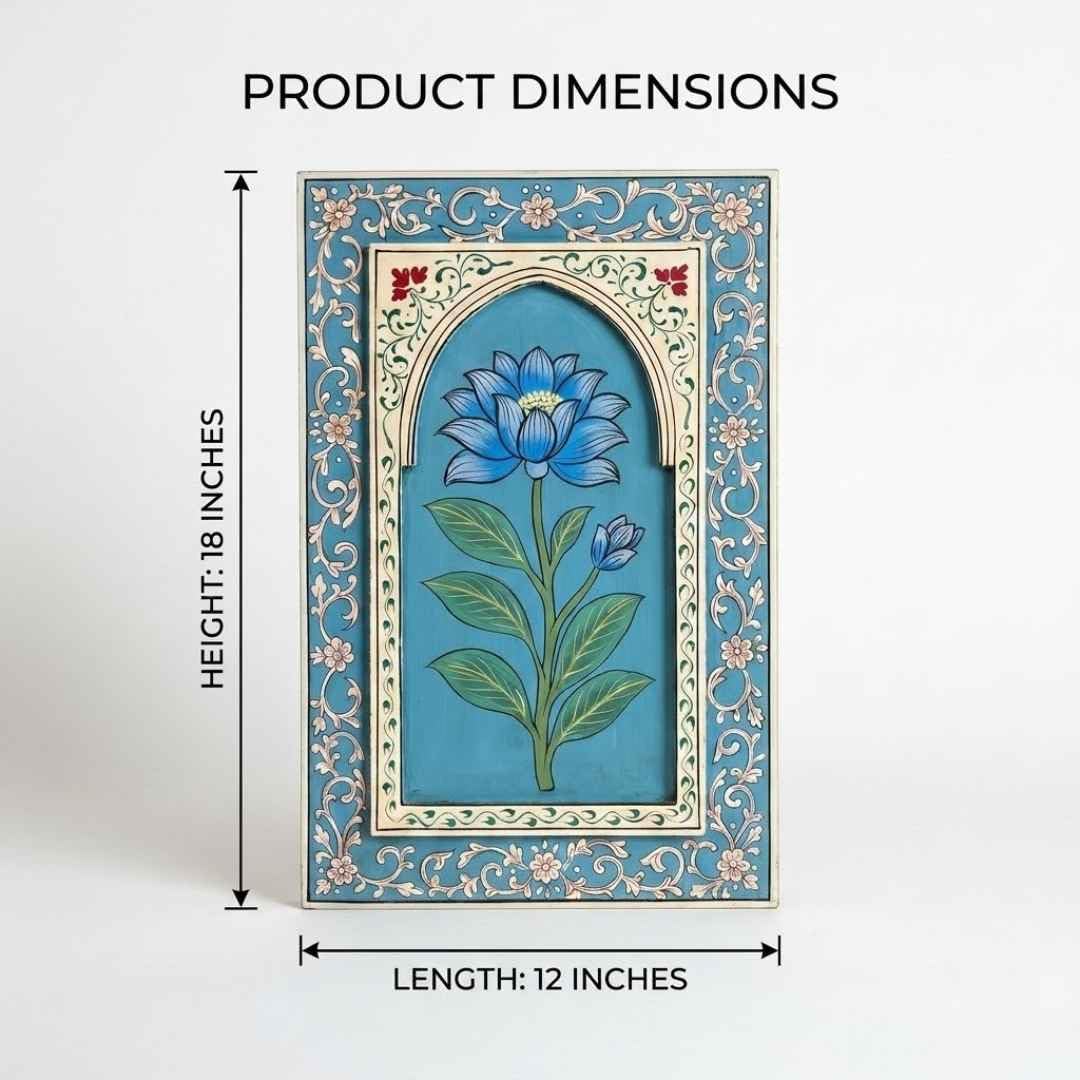 ATRANGI STUDIO Neelkamal Handpainted Wooden Wall Frame | Rajasthani Traditional Craft | Decorative Floral Wall Hanging Art for Living room, Bedroom, Office | 12×18 Inch, Blue
