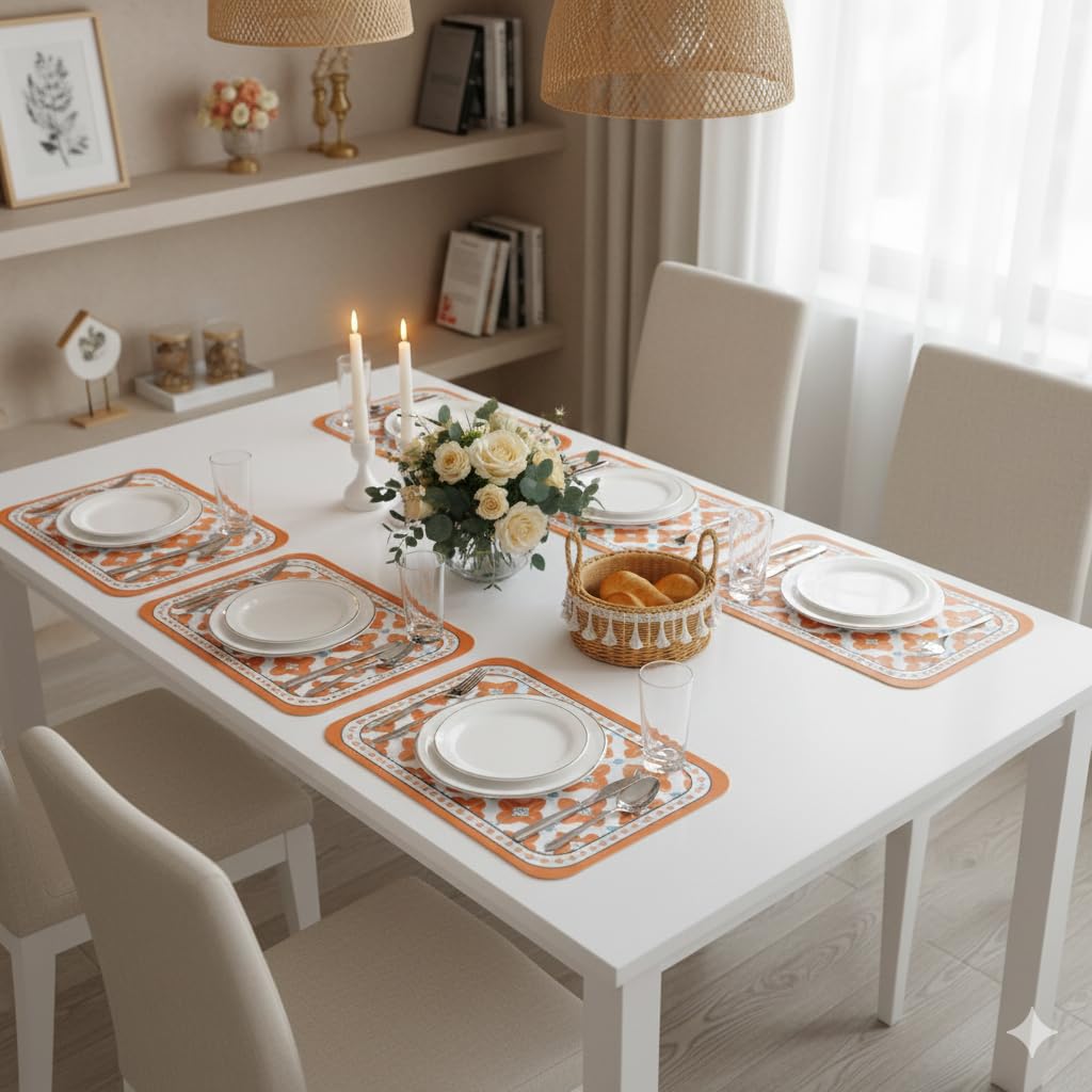 TheTableTales Placemats Pack of 6, Premium Waterproof Heat Resistant Dining Table Mats | Washable PU Leather Mats for Dinner | Non Slip Pad for Home Kitchen Restaurant (45 x 30 cm, Pastel Orange) Kafalo