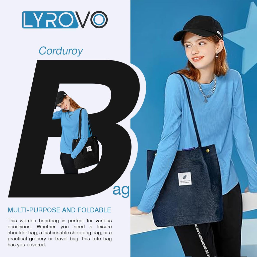 Lyrovo Women Corduroy Shoulder Tote Bag for Work Beach Travel and Shopping Grocery (Blue)