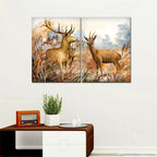VIBECRAFTS 2 Pieces Beautiful Deer In The Forest Canvas Wall Painting Fitted With Wooden Frame For Home | Office | Living Room | Gifts(PTVC2Pcs1_17506)