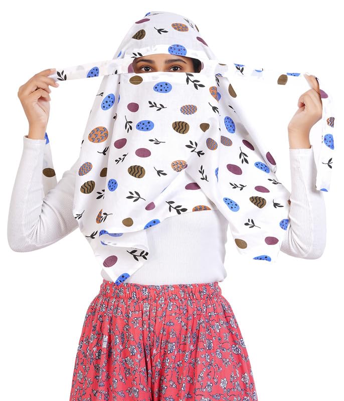 Cambric printed Cotton Head scarf for hair and face skin protection/Usable for vehicle Driver for sunlight UV protection / Free Size for Girls and Women (110 * 80 cm) -(Pack 1- Blue Butta in White)
