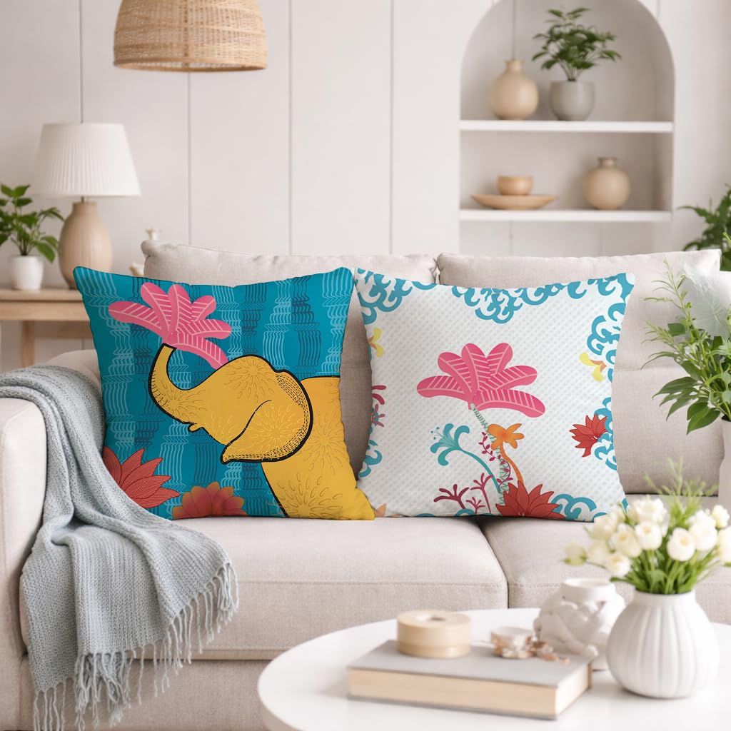 STITCHNEST Set of 2 Whimsical Wild Collection Printed Jute Cushion Covers 16x16 Inches | Decorative Throw Pillow Covers for Sofa, Living Room, Bedroom | Perfect for Home Decor