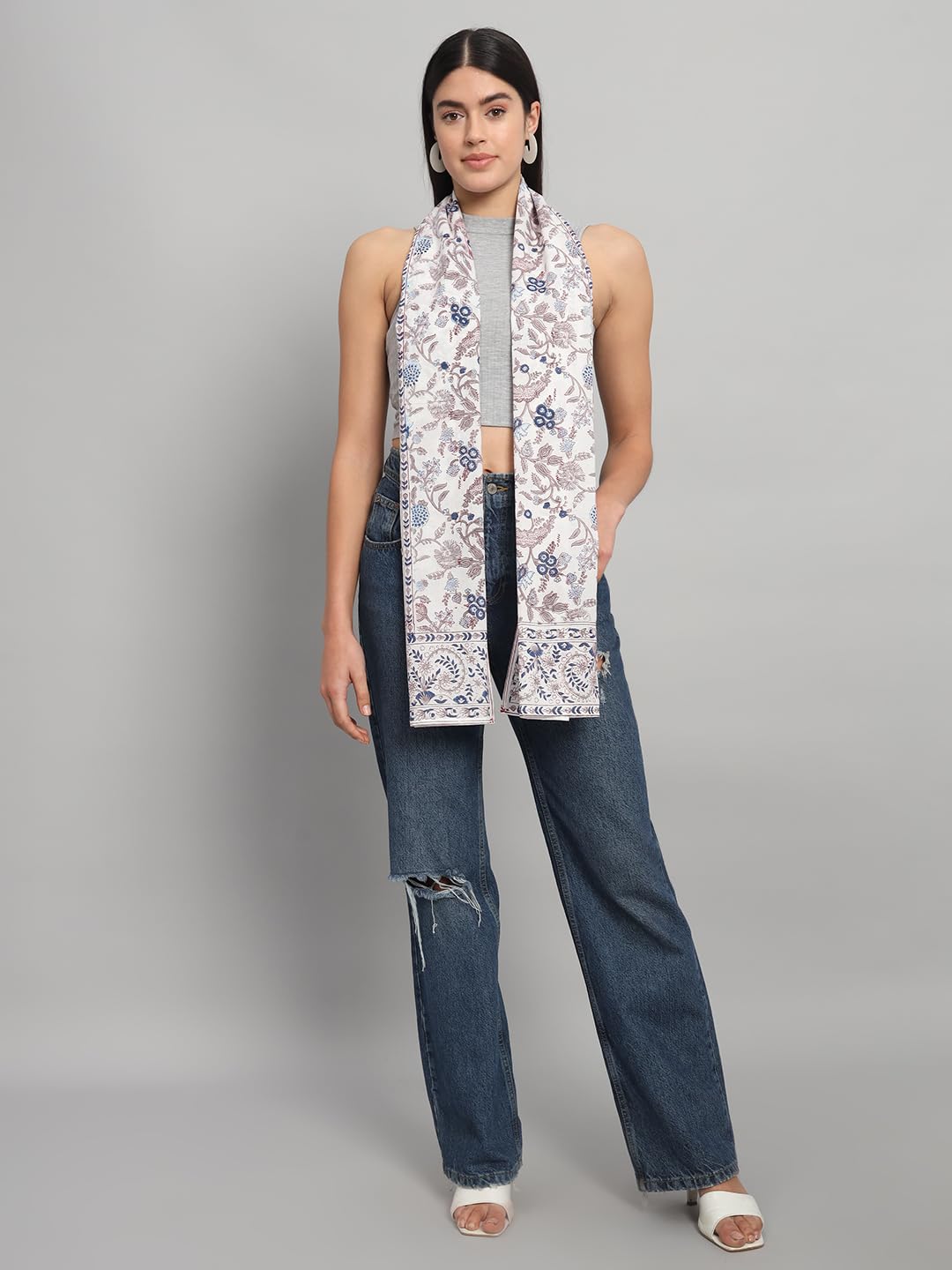 Ravaiyaa - Attitude is everything Women White & Multi Hand Block Floral Printed Cotton Scarf 71 X 21 Inch