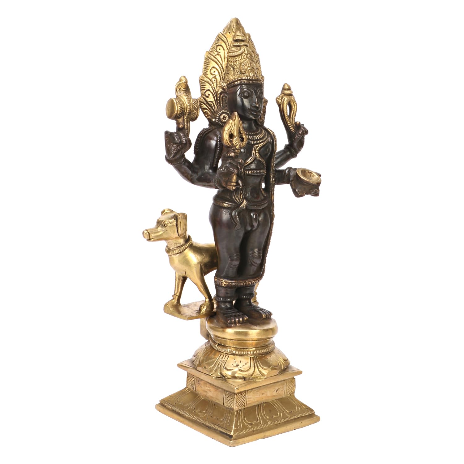 SVARUP Brass Kaal Bhairava with Dog Statue Maha Kala Murti Batuk Bhairava Puja Home Decor Idol Black Gold Color 11.5 Inch