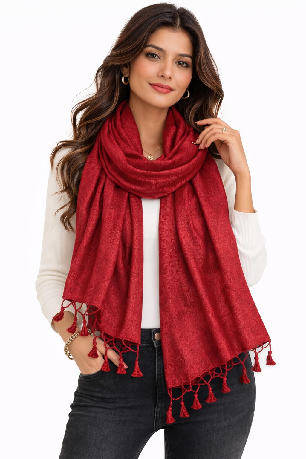 ZEN APPAREL Soft Viscose Fabric Jacquard Scarf, Stole, Shawl (Red)