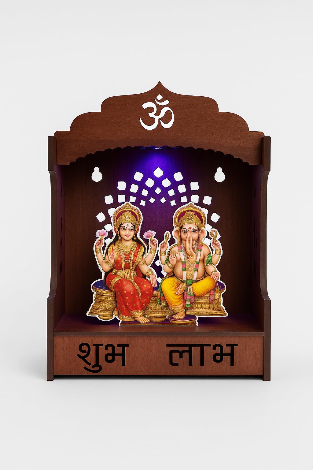 LightingKart Premium Wooden Temple for Home | Customizable Pooja Mandir with LED Light | Small Wooden Mandir for Office Desk, Wall & Gifting (12.7×11.43×7.62 cm)
