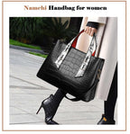 NAMCHI Luxury Leather Tote Handbag for Women Spacious, Stylish & Versatile – Perfect for Work & Travel (Black with white belt)