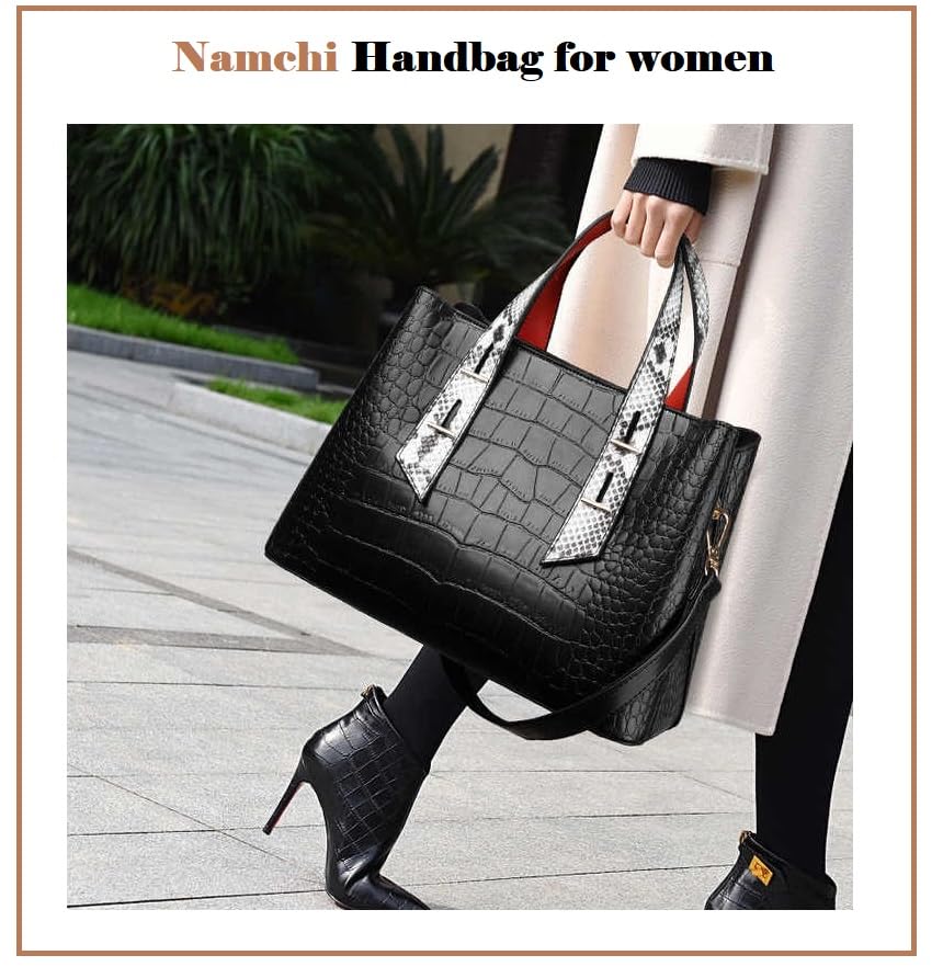 NAMCHI Luxury Leather Tote Handbag for Women Spacious, Stylish & Versatile – Perfect for Work & Travel (Black with white belt)