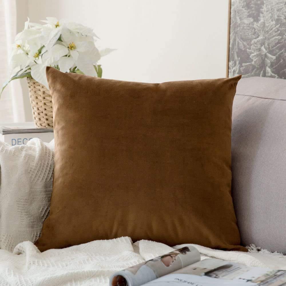 Khooti Velvet Cushion Cover, 18x18 | Brown | Pack of 1 | Solid Plain Soft & Smooth, Decorative Cushion Covers for Living Room, Bedroom, Couches, Chairs, Sofas, Beds & Home Decor