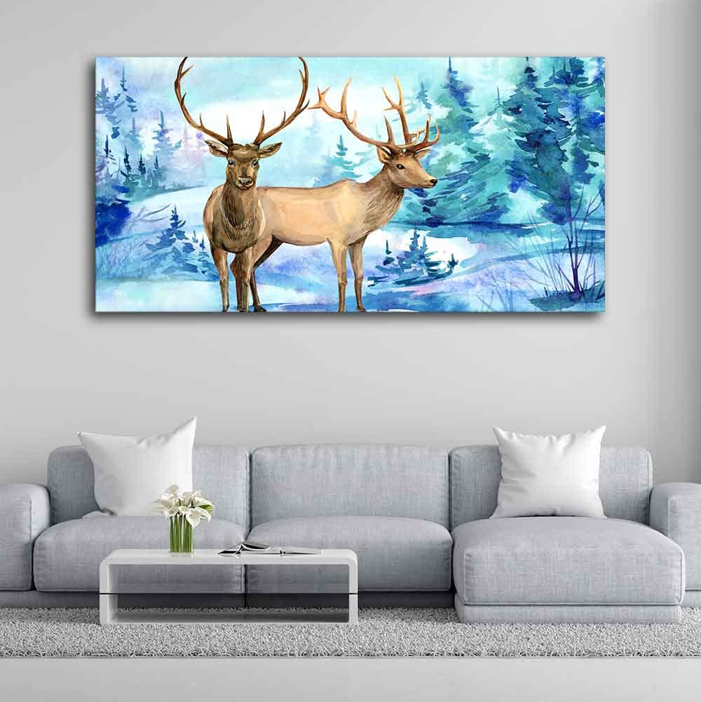VIBECRAFTS Canvas Paintings for Living Room Drawing Beautiful Pair of Deer in Snow Covered Forest Wall Painting Art Fitted with Wooden Frame Home | Office | Gift (PTVCH_2260)