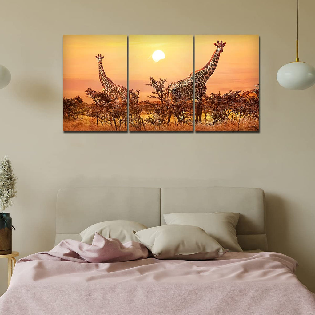 VIBECRAFTS Beautiful Giraffes Sunset In Background 3 Pieces Canvas Wall Painting Fitted With Wooden Frame For Home | Office | Living Room | Gifts(PTVC3Pcs3_11503)
