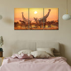 VIBECRAFTS Beautiful Giraffes Sunset In Background 3 Pieces Canvas Wall Painting Fitted With Wooden Frame For Home | Office | Living Room | Gifts(PTVC3Pcs3_11503)