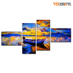 VIBECRAFTS Sunset And Boat On the Water 4 Pieces Canvas Wall Painting Fitted With Wooden Frame For Home | Office | Living Room | Gifts (PTVC4Pcs3_15503)