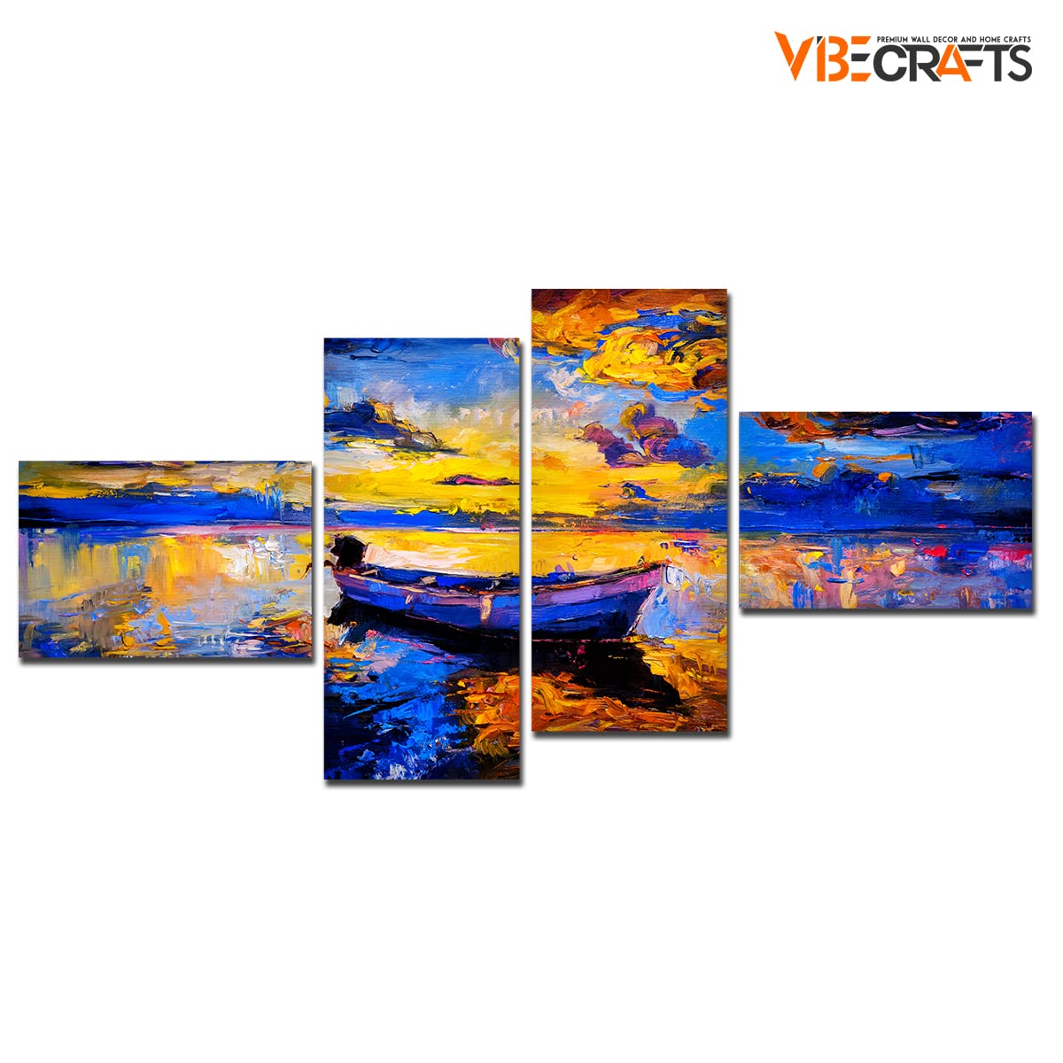 VIBECRAFTS Sunset And Boat On the Water 4 Pieces Canvas Wall Painting Fitted With Wooden Frame For Home | Office | Living Room | Gifts (PTVC4Pcs3_15503)